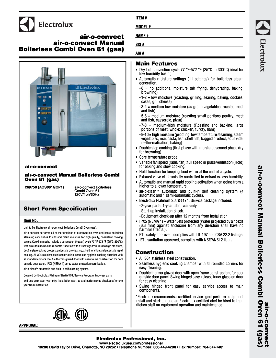 Electrolux 269750 warranty air-o-convect Manual Boilerless Combi Oven, Boilerless Combi Oven 61 gas, Main Features 