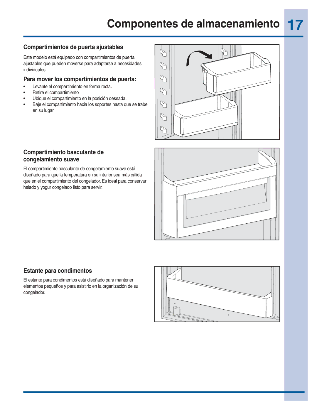 Electrolux 279299300 manual Compartimientos de puerta ajustables, Para mover los compartimientos de puerta 