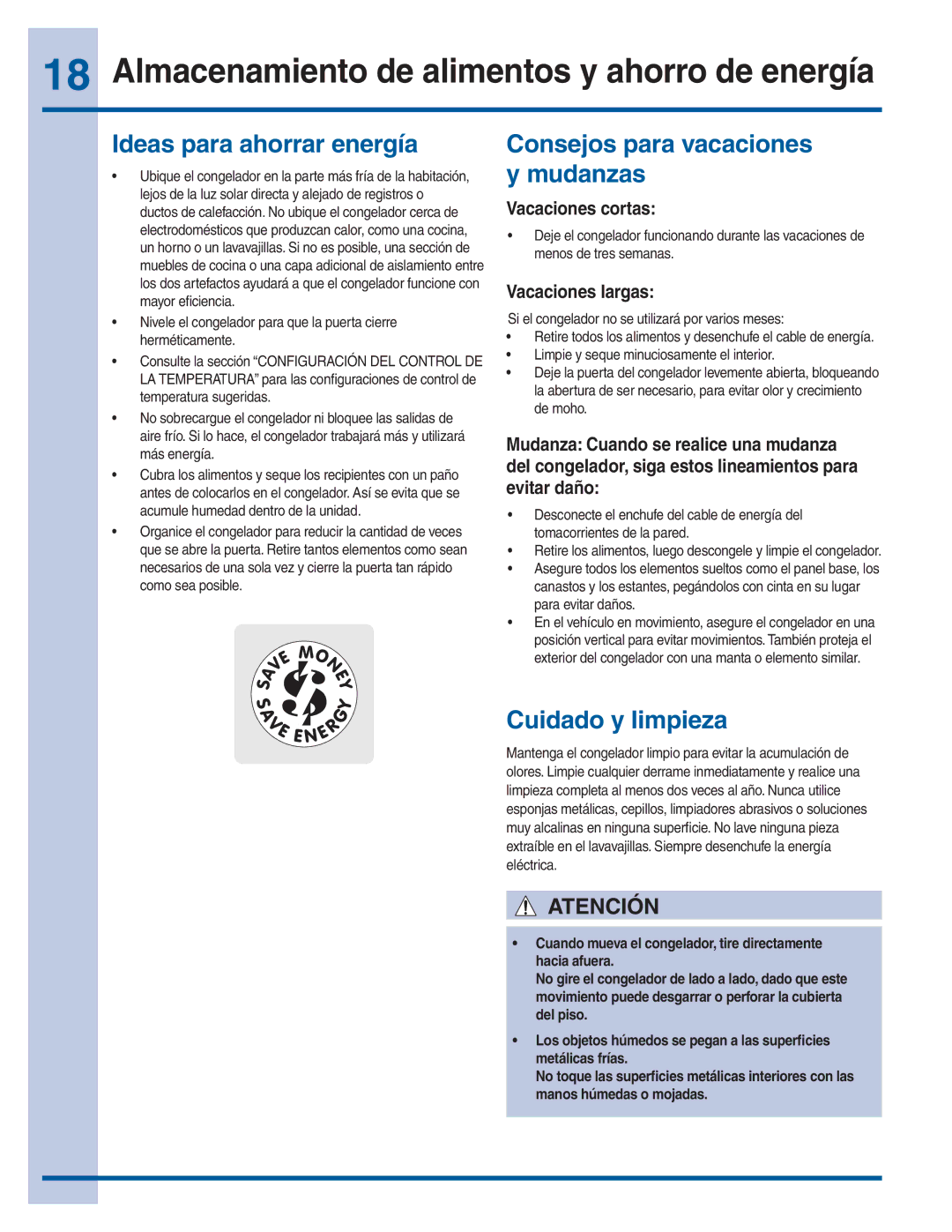 Electrolux 279299300 manual Almacenamiento de alimentos y ahorro de energía, Ideas para ahorrar energía, Cuidado y limpieza 