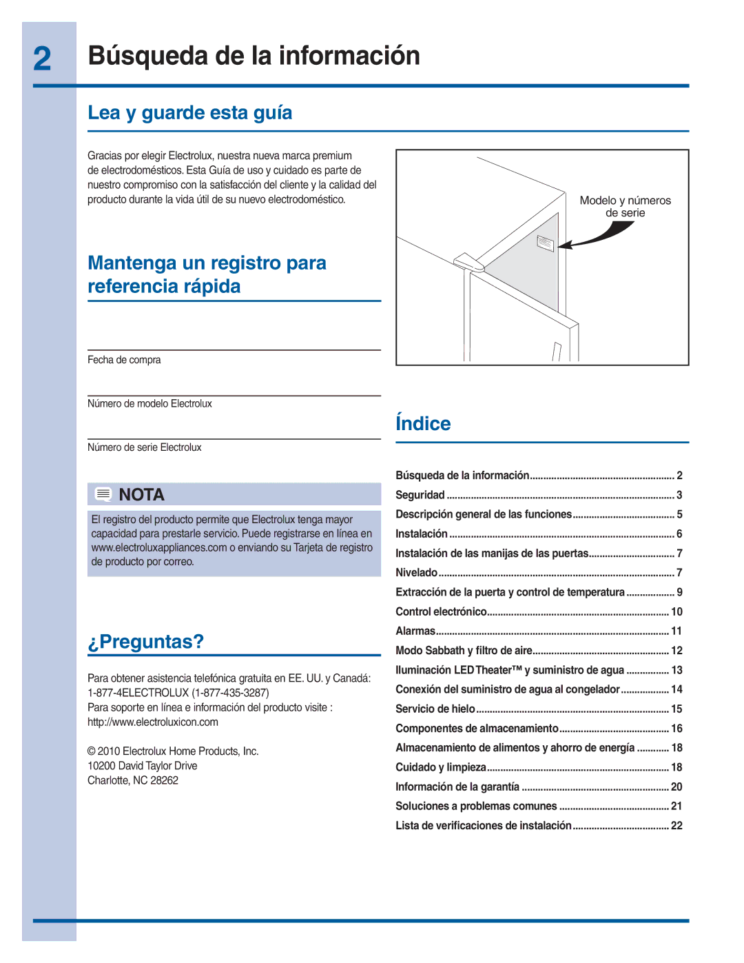 Electrolux 279299300 manual Búsqueda de la información, Lea y guarde esta guía, Mantenga un registro para referencia rápida 