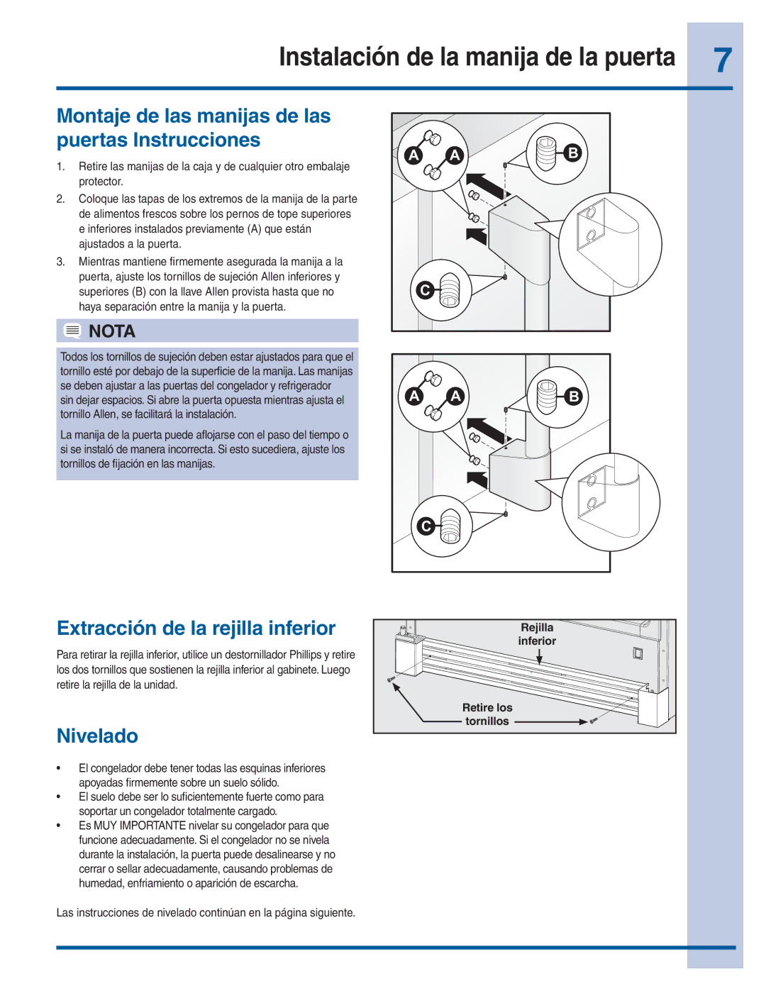 Electrolux 279299300 Instalación de la manija de la puerta, Montaje de las manijas de las puertas Instrucciones, Nivelado 