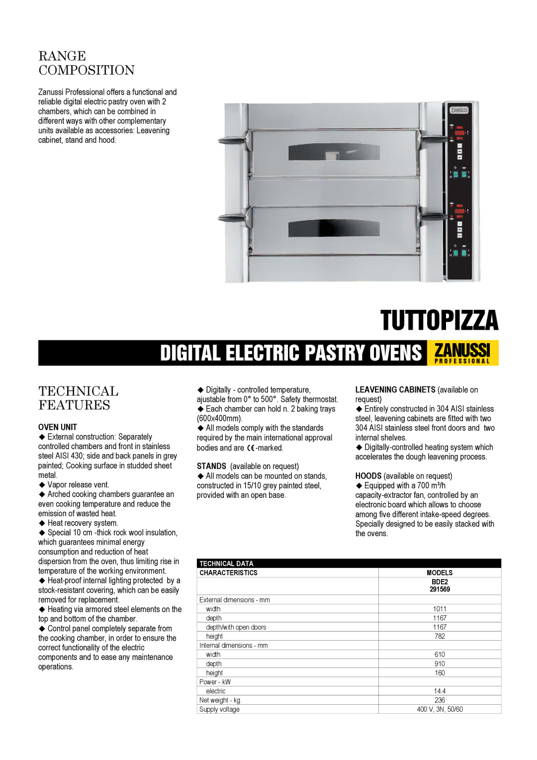 Electrolux BDE2, 291569 dimensions Range Composition, Technical Features 