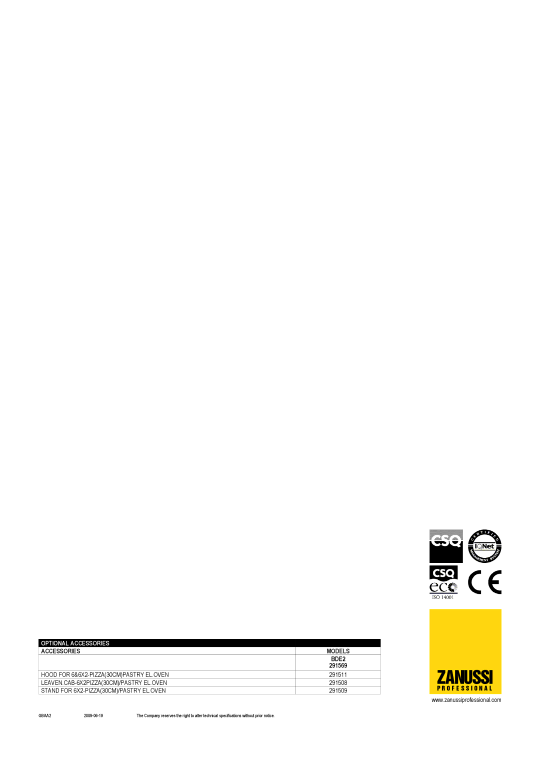 Electrolux 291569, BDE2 dimensions Zanussi 