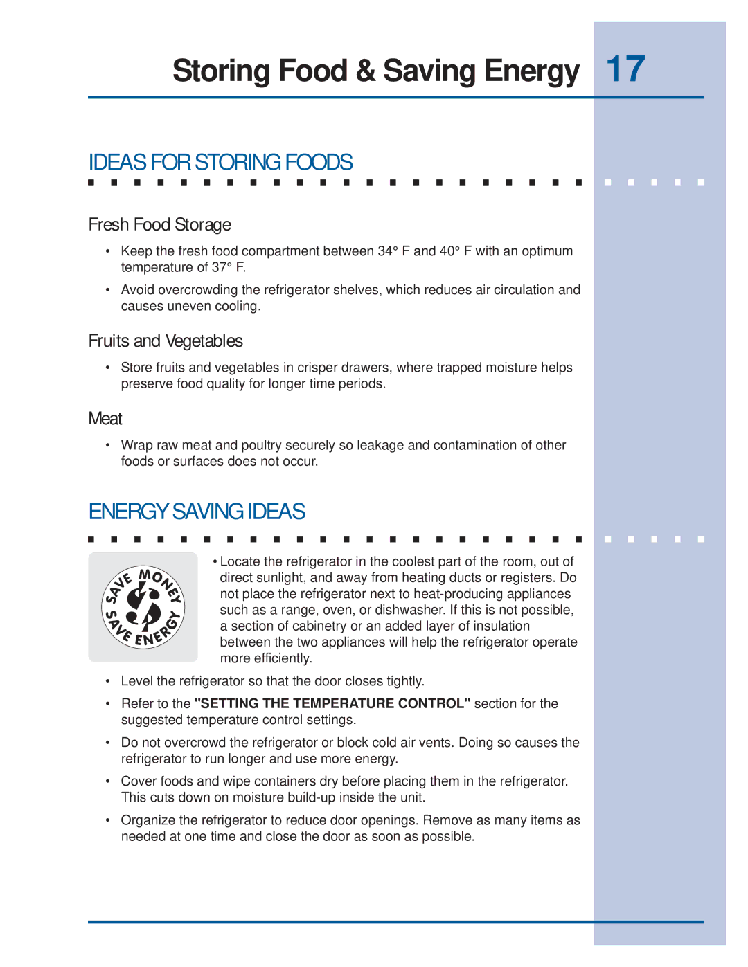 Electrolux 297122800 (0608) manual Storing Food & Saving Energy, Ideas for Storing Foods, Energy Saving Ideas 