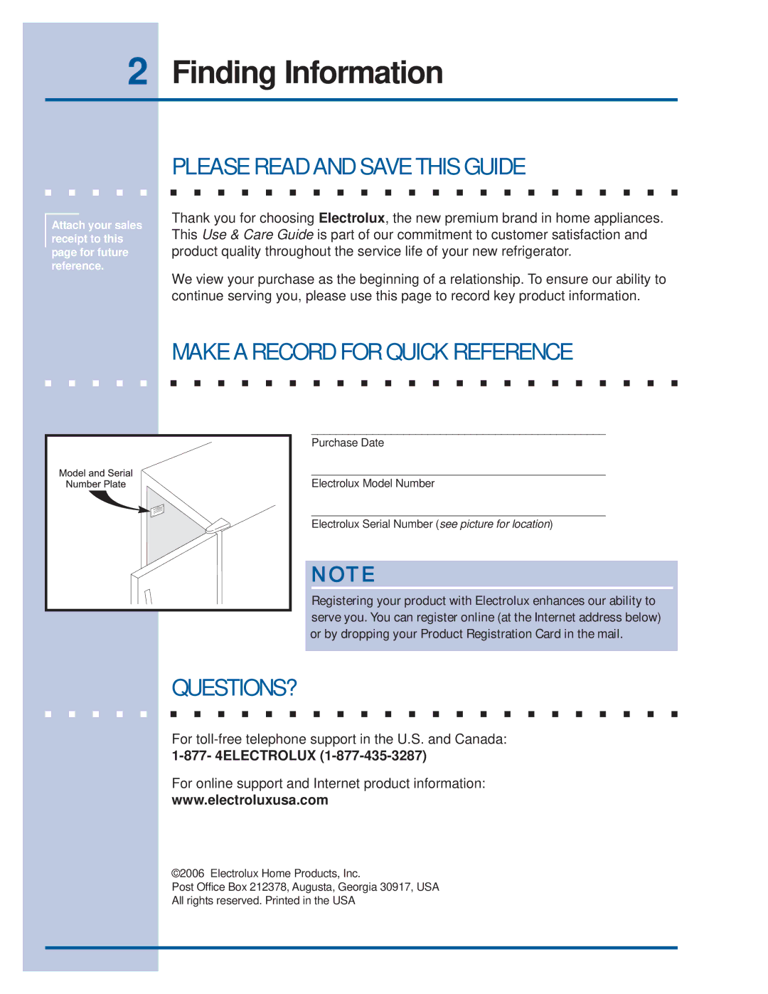 Electrolux 297122800 (0608) manual Finding Information, Please Read and Save this Guide, Make a Record for Quick Reference 