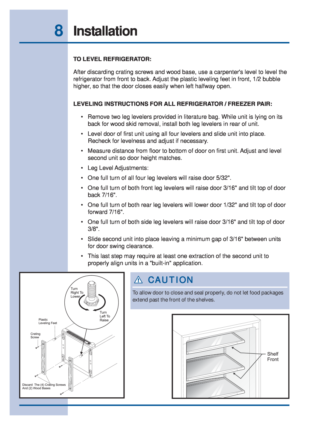 Electrolux 297122800 (0608) Installation, To Level Refrigerator, Leveling Instructions For All Refrigerator / Freezer Pair 
