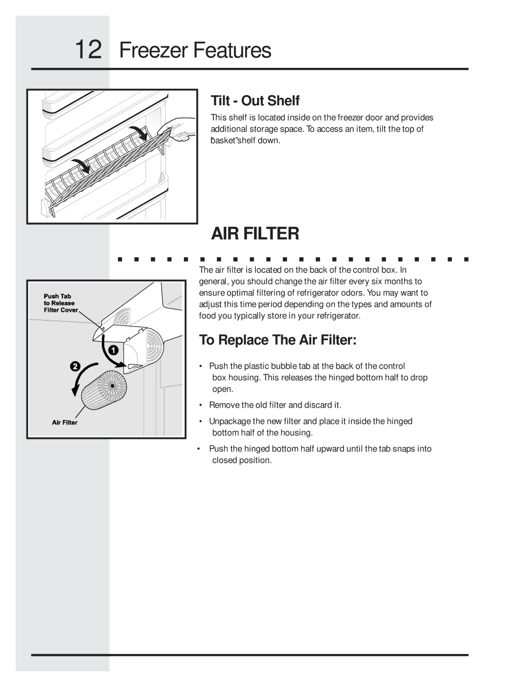 Electrolux 297122900 (0608) manual AIR Filter, Tilt Out Shelf, To Replace The Air Filter 