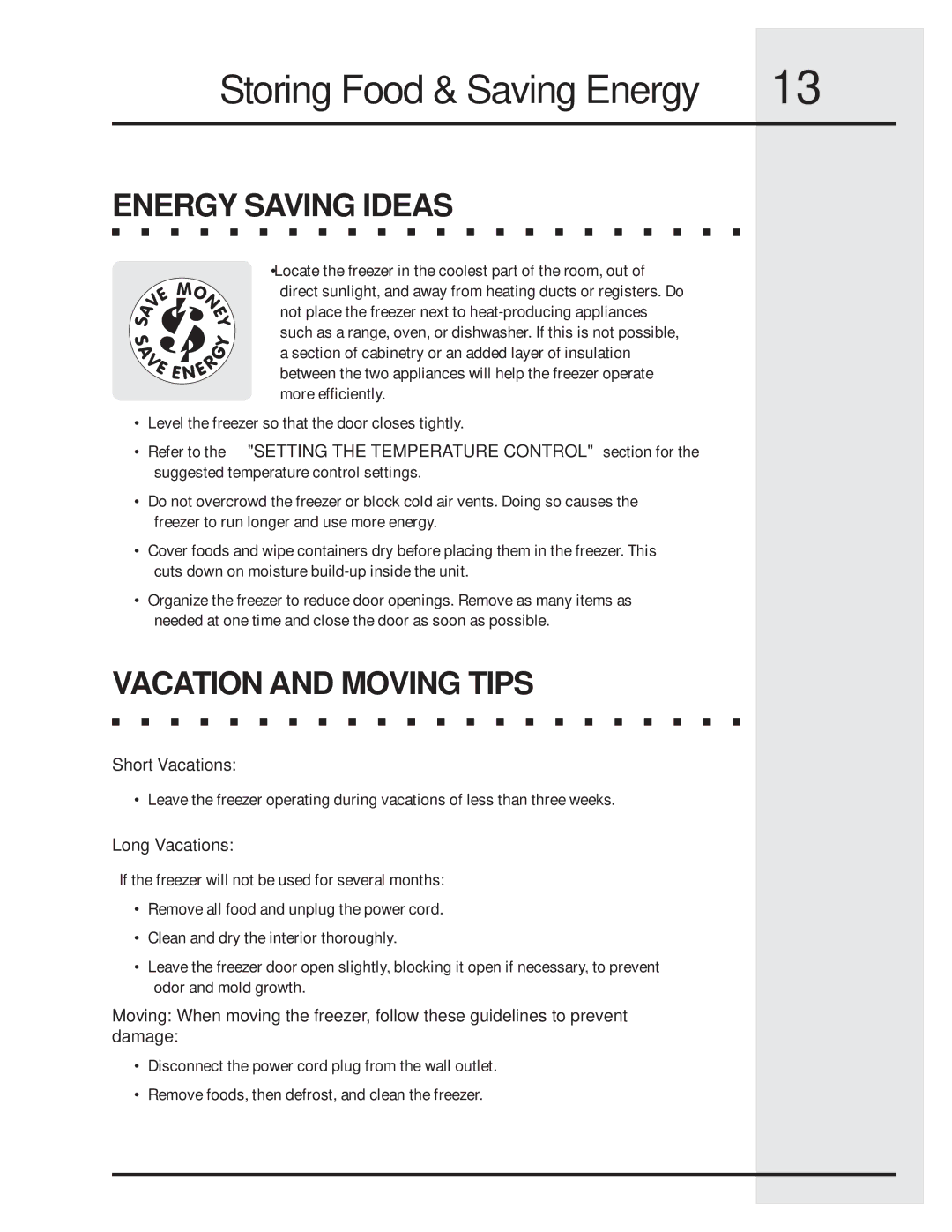 Electrolux 297122900 (0608) manual Storing Food & Saving Energy, Energy Saving Ideas, Vacation and Moving Tips 