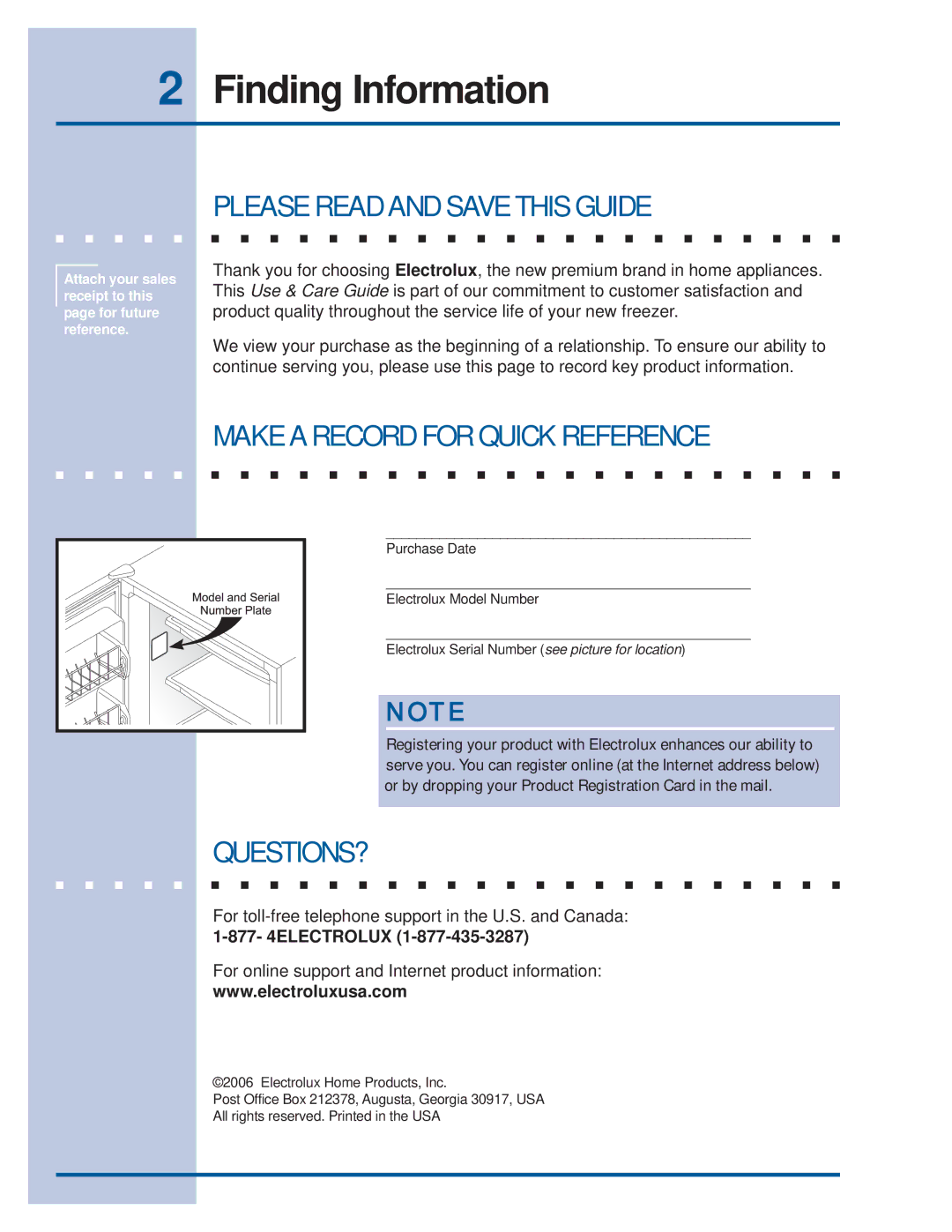 Electrolux 297122900 (0608) manual Finding Information, Please Read and Save this Guide, Make a Record for Quick Reference 