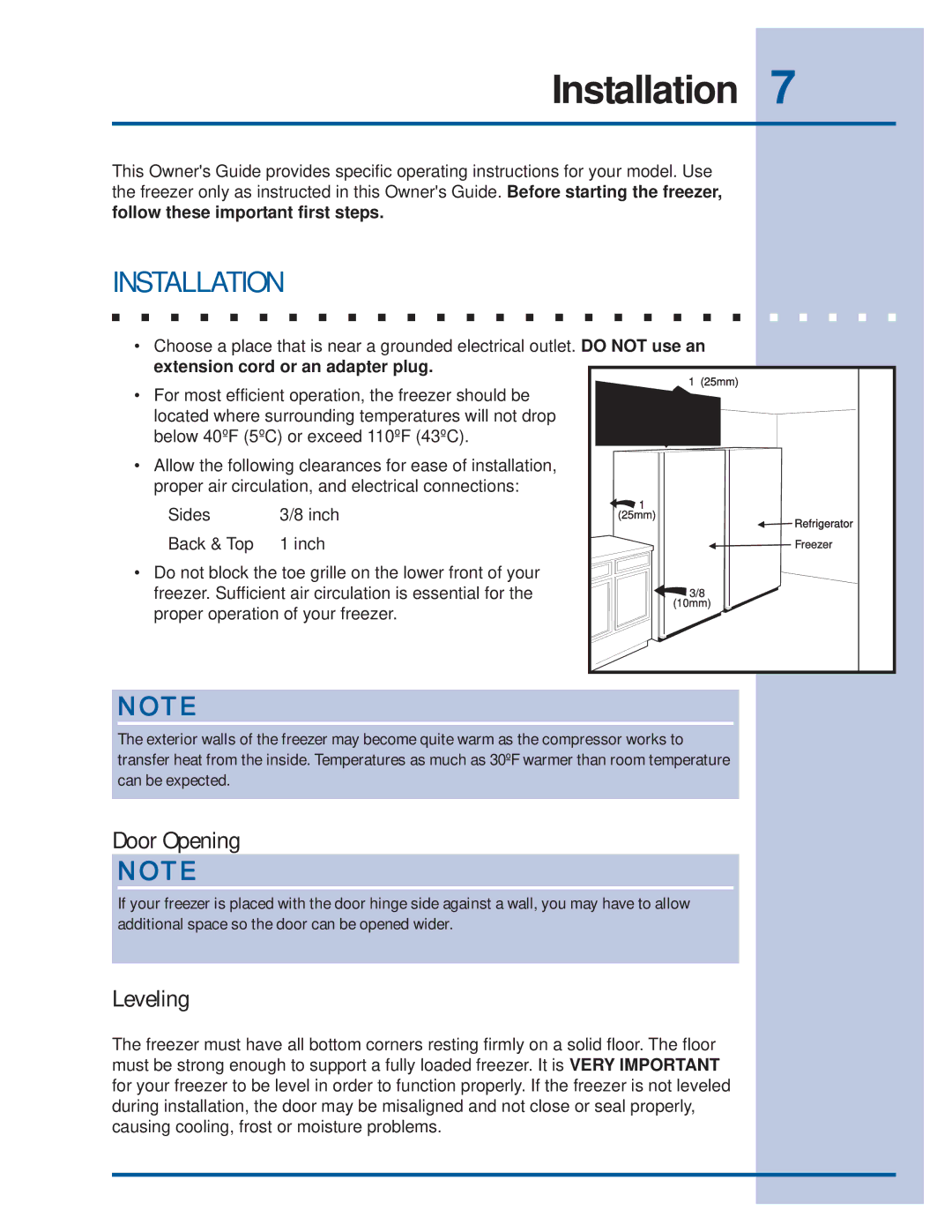 Electrolux 297122900 (0608) manual Installation, Door Opening, Leveling 