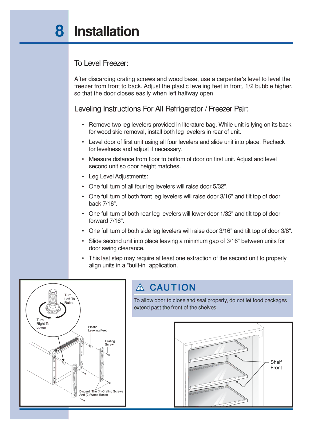 Electrolux 297122900 (0608) manual To Level Freezer, Leveling Instructions For All Refrigerator / Freezer Pair 