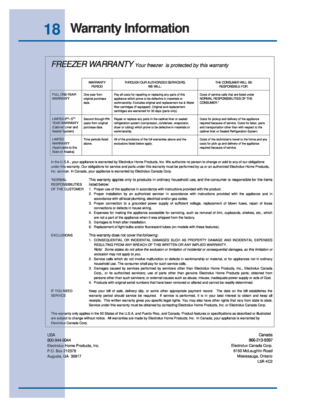 Electrolux 297122900 (0608) Warranty Information, FREEZER WARRANTY Your freezer is protected by this warranty, Canada 