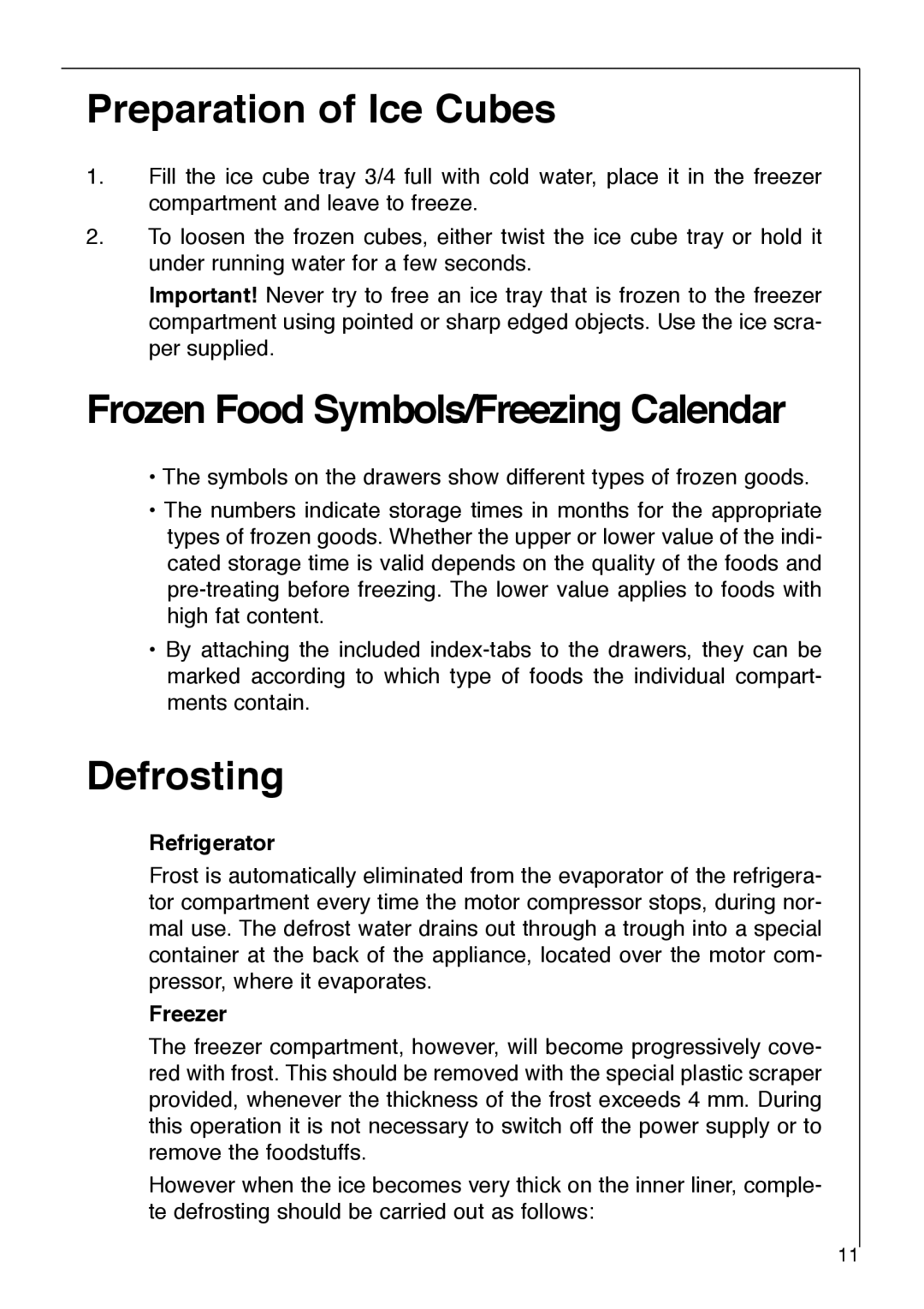 Electrolux 2972-6 i installation instructions Preparation of Ice Cubes, Frozen Food Symbols/Freezing Calendar, Defrosting 