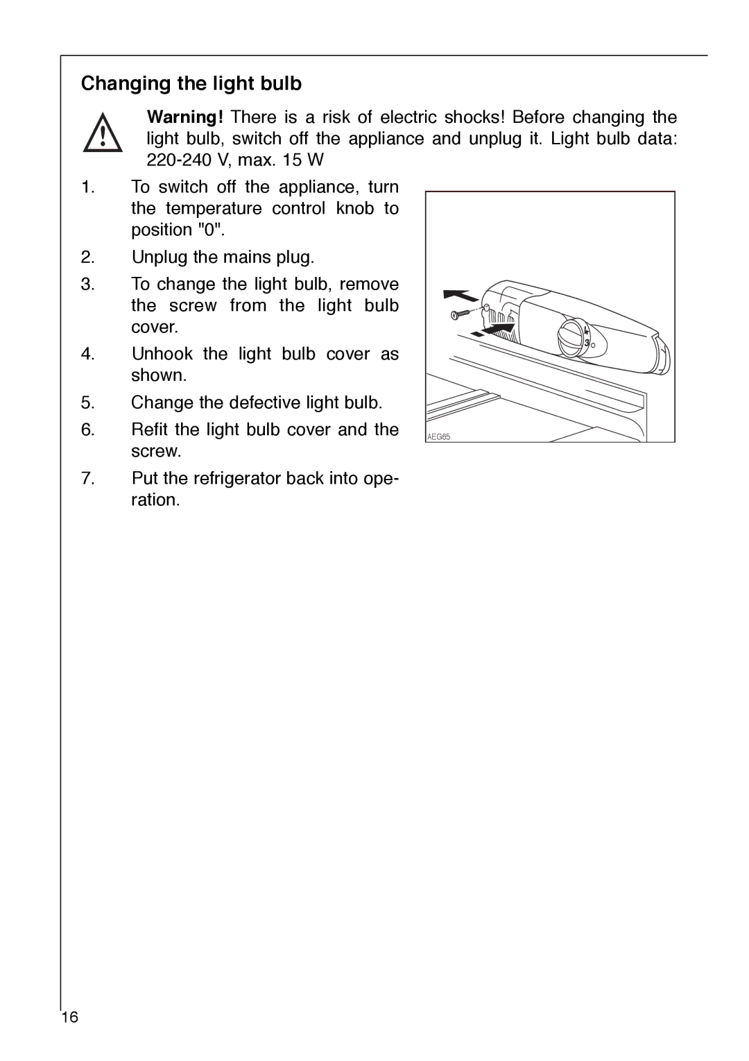 Electrolux 2972-6 i installation instructions Changing the light bulb 