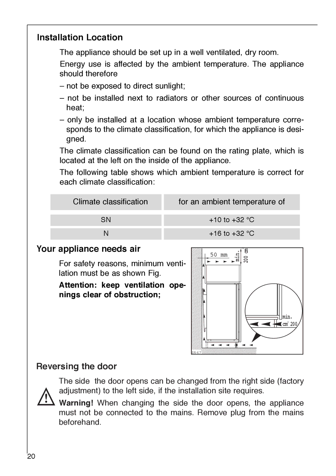 Electrolux 2972-6 i installation instructions Installation Location, Your appliance needs air, Reversing the door 