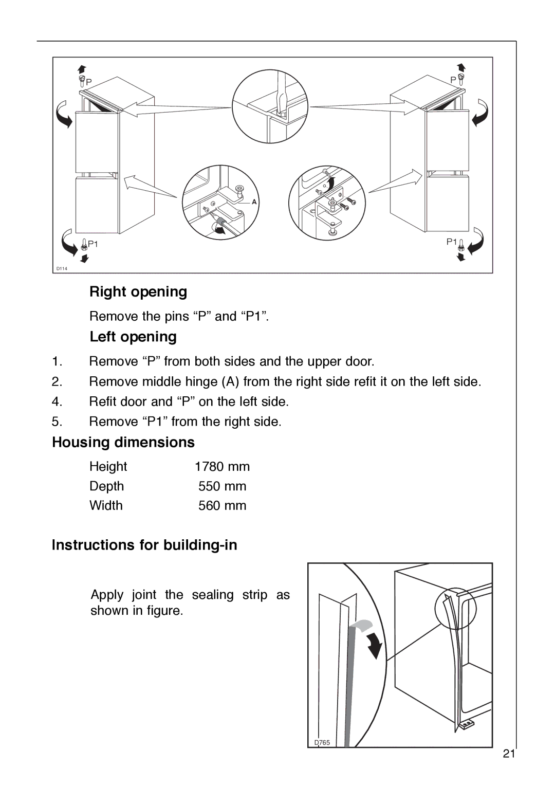 Electrolux 2972-6 i installation instructions Right opening, Left opening, Housing dimensions, Instructions for building-in 