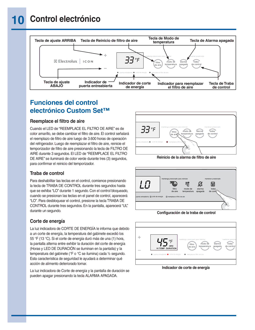 Electrolux 297299400 manual Control electrónico, Funciones del control electrónico Custom Set, Reemplace el ﬁltro de aire 