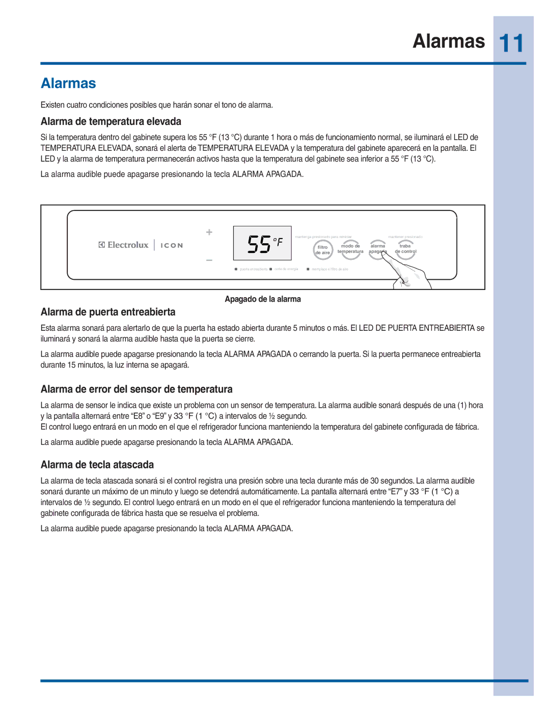 Electrolux 297299400 manual Alarmas 