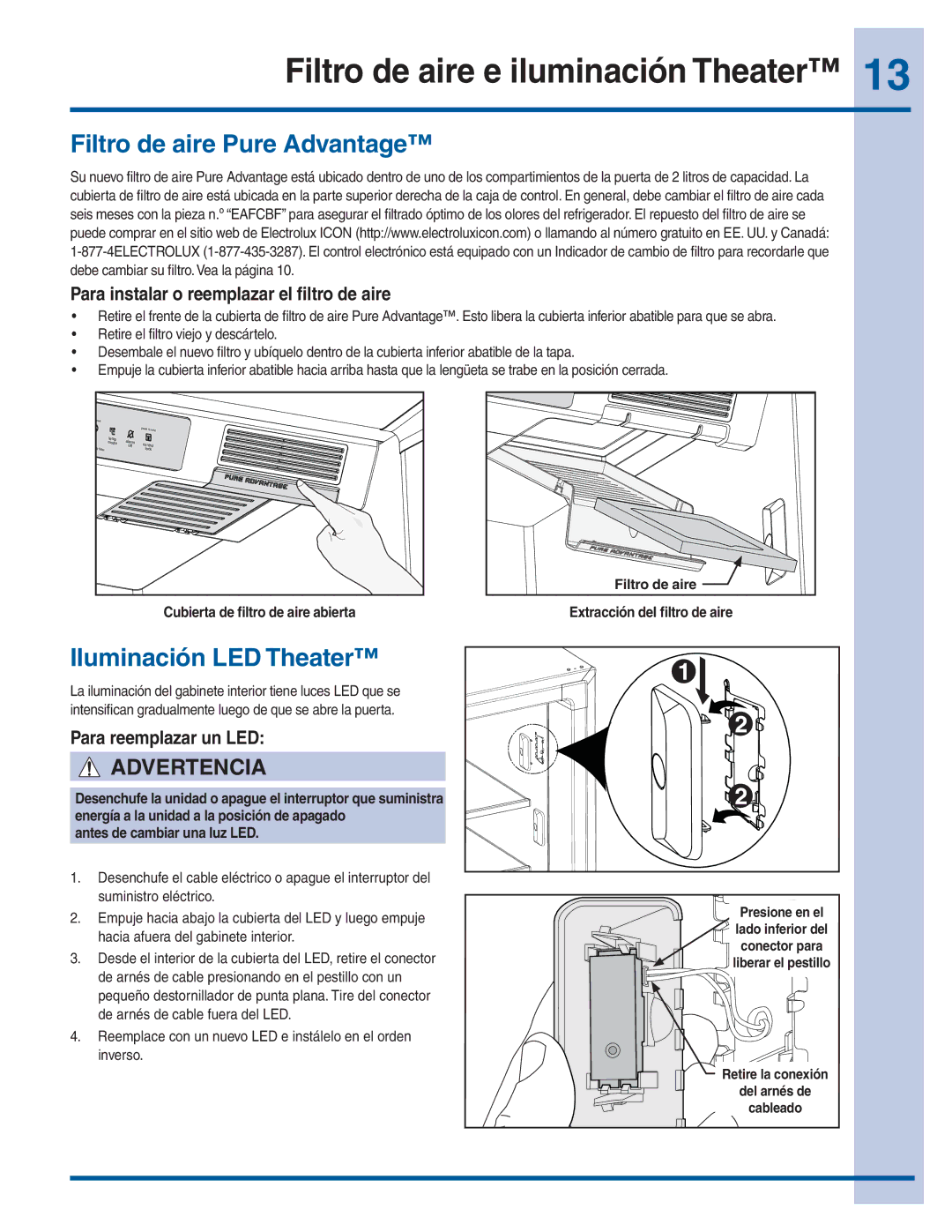 Electrolux 297299400 manual Filtro de aire e iluminación Theater, Filtro de aire Pure Advantage, Iluminación LED Theater 