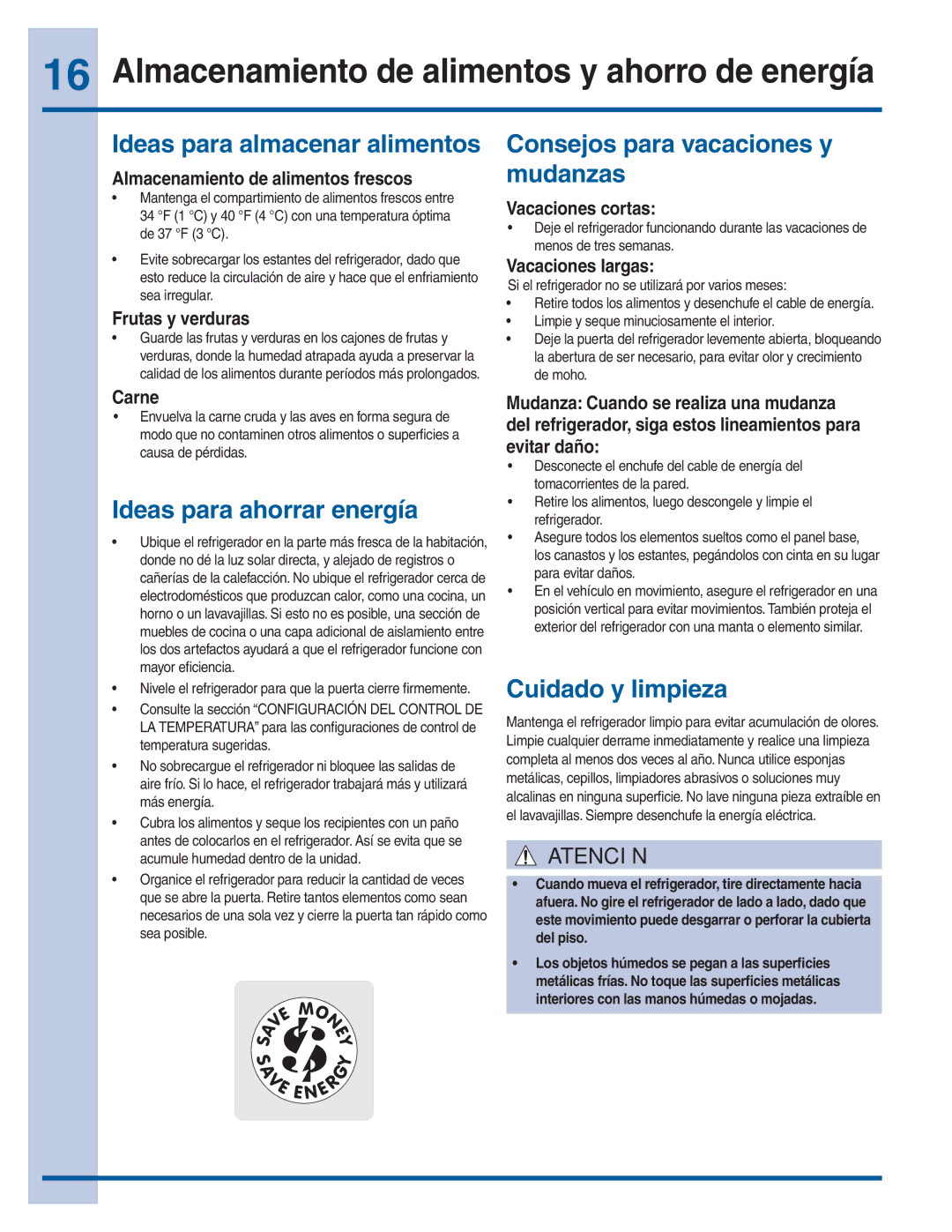 Electrolux 297299400 Almacenamiento de alimentos y ahorro de energía, Ideas para almacenar alimentos, Cuidado y limpieza 