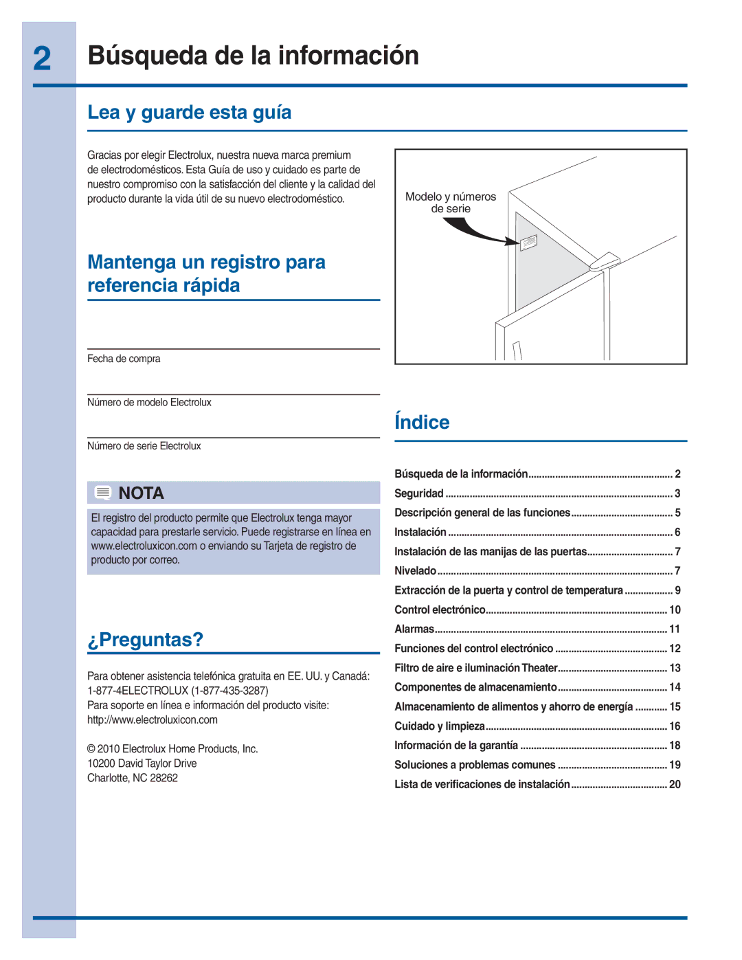 Electrolux 297299400 manual Búsqueda de la información, Lea y guarde esta guía, Mantenga un registro para referencia rápida 