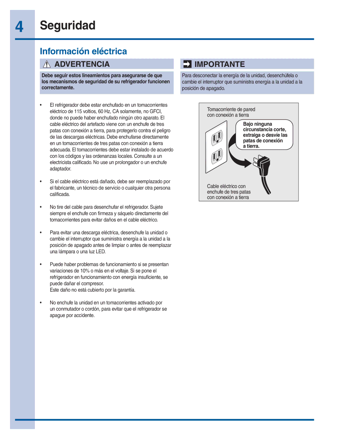 Electrolux 297299400 manual Seguridad, Información eléctrica 