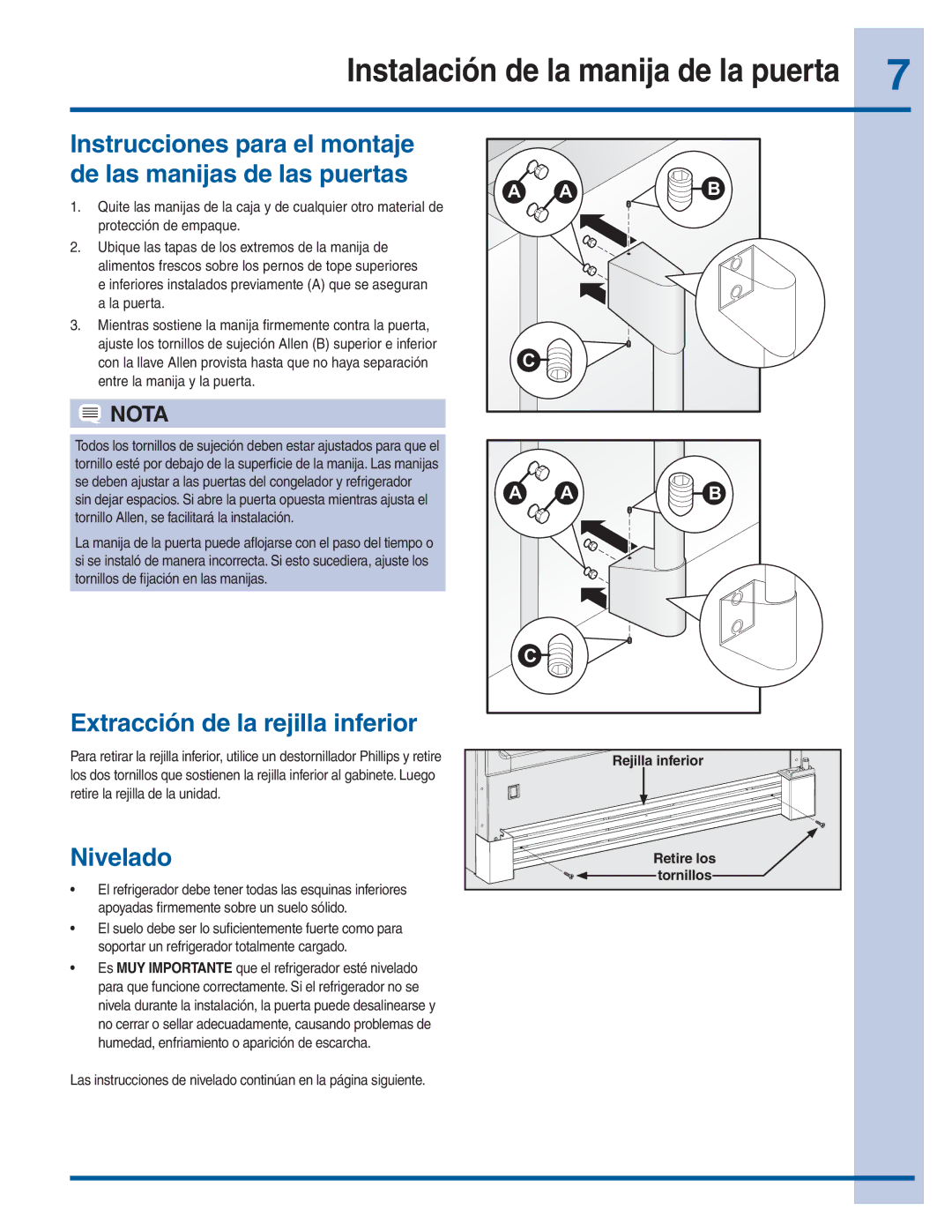 Electrolux 297299400 Instalación de la manija de la puerta, Instrucciones para el montaje de las manijas de las puertas 