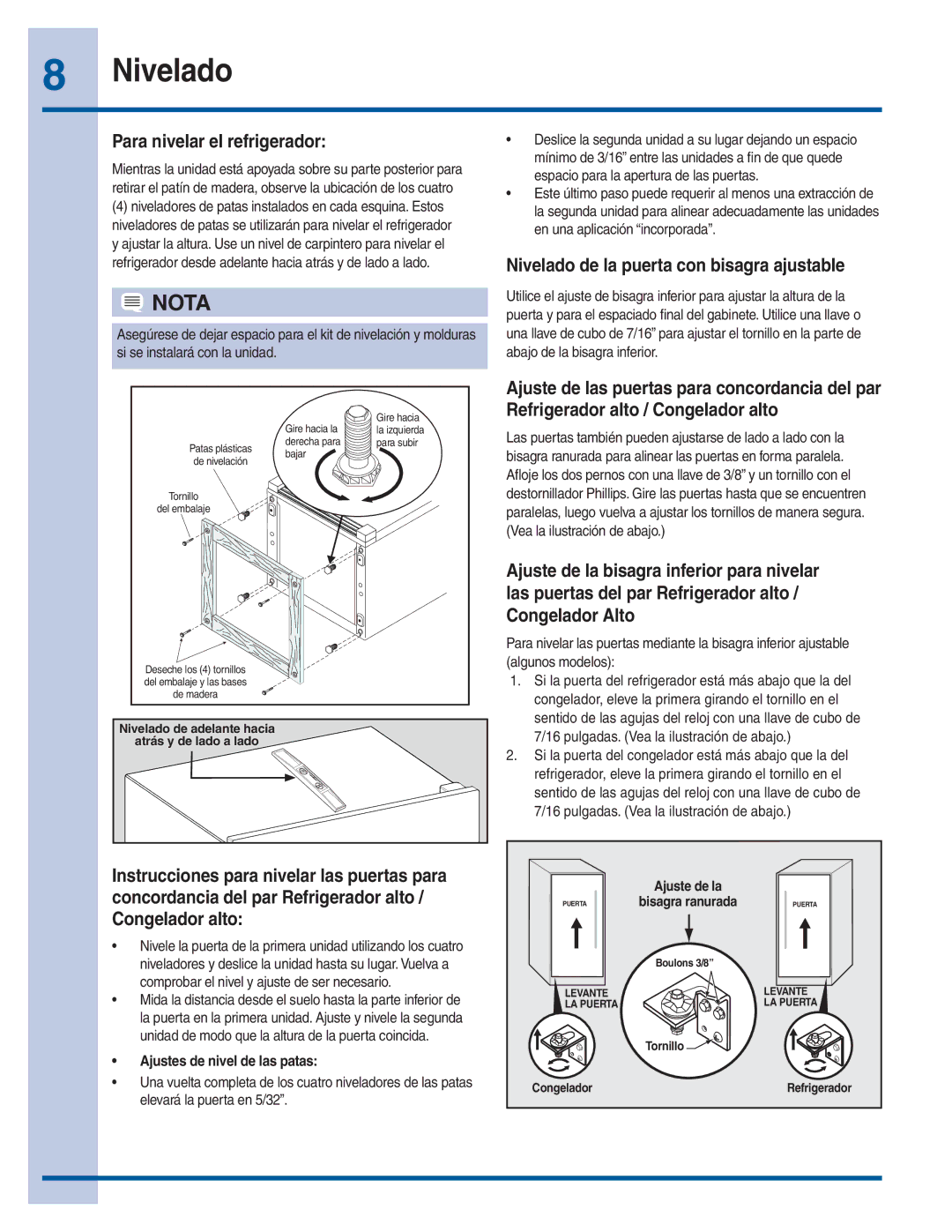 Electrolux 297299400 manual Para nivelar el refrigerador, Nivelado de la puerta con bisagra ajustable 