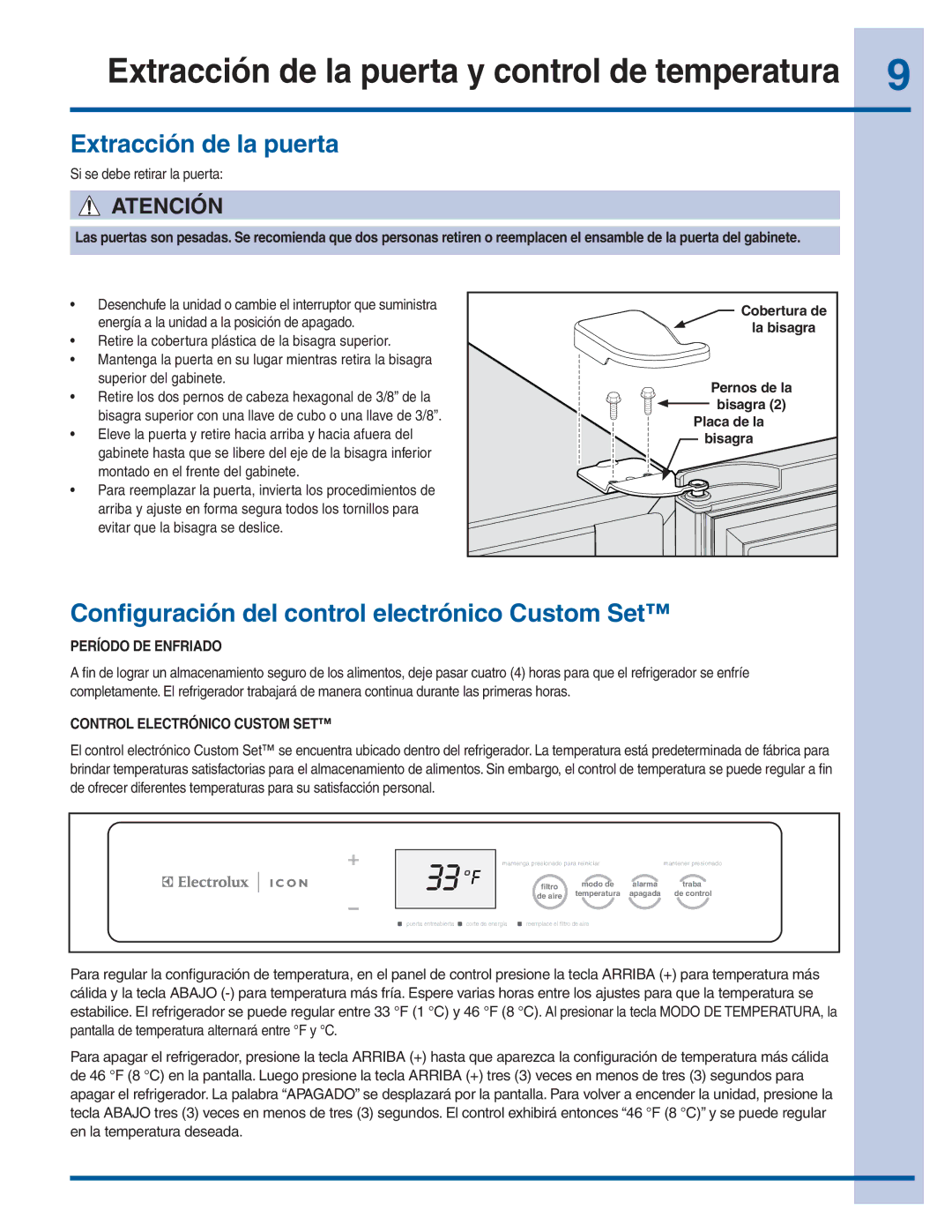 Electrolux 297299400 Extracción de la puerta y control de temperatura, Conﬁguración del control electrónico Custom Set 