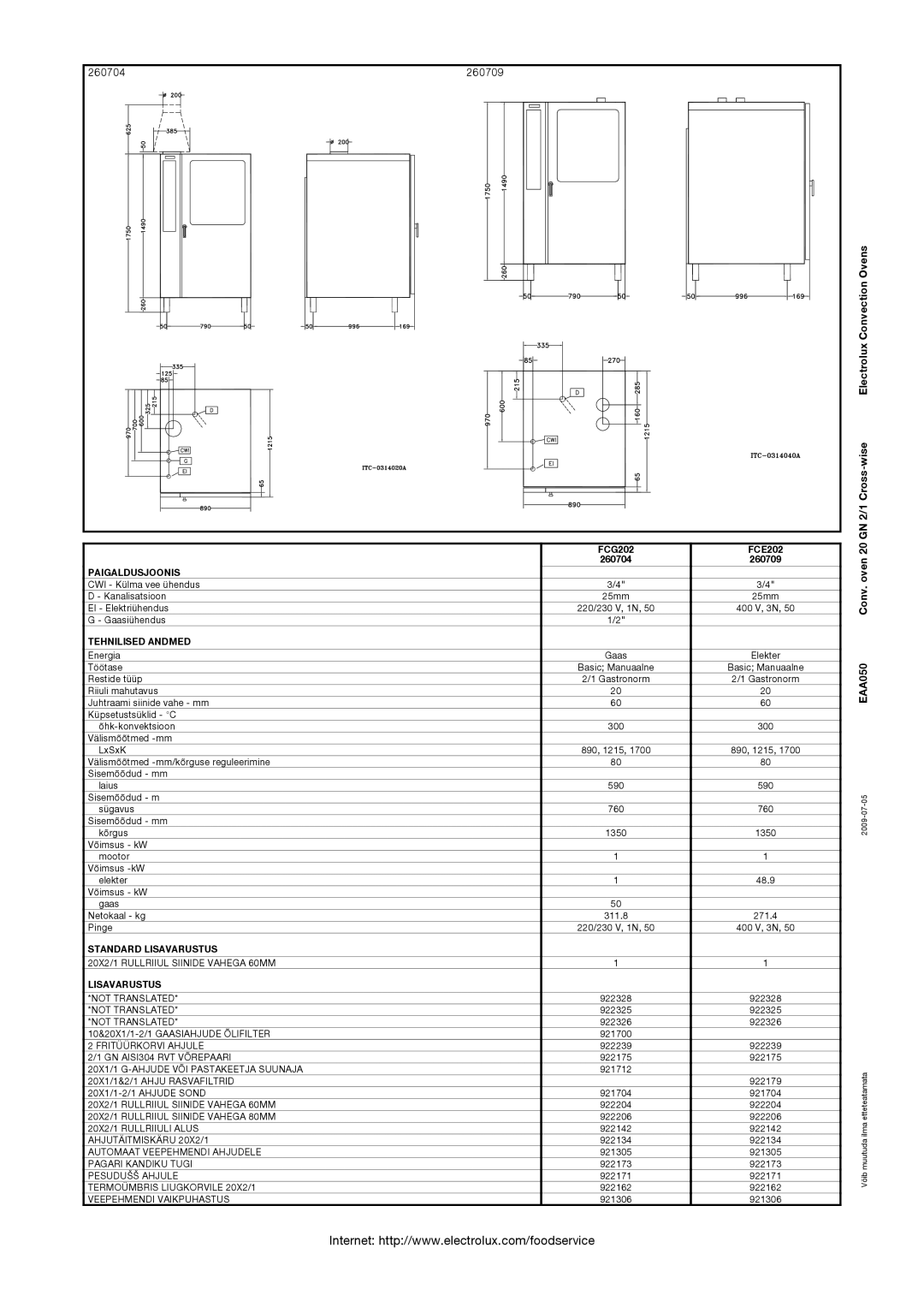 Electrolux 2O GN2/1 manual 260704 260709, Electrolux Convection Ovens, 20 GN 2/1 Cross-wise 