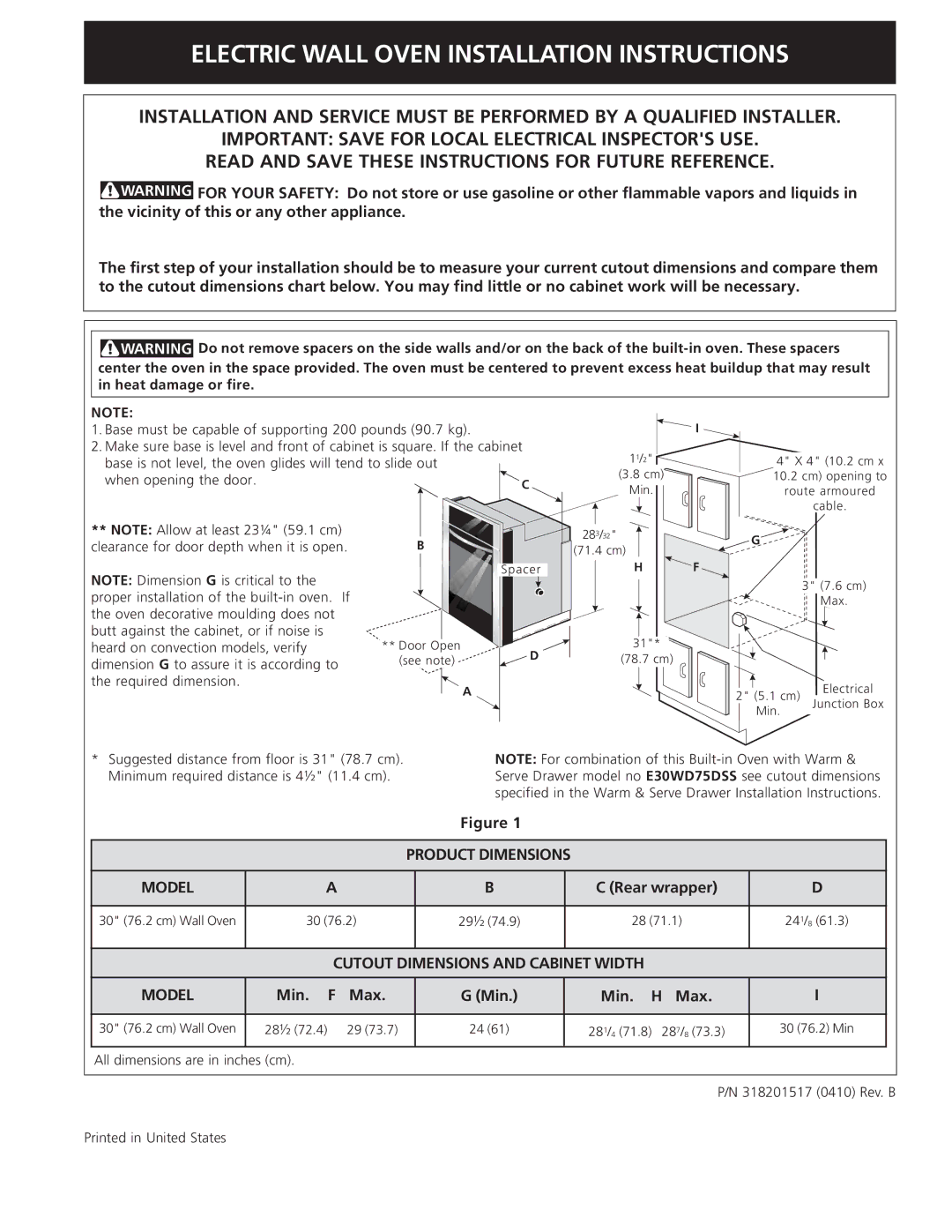 Electrolux 30 Wall Oven dimensions Electric Wall Oven Installation Instructions, Min. F Max Min. H Max 