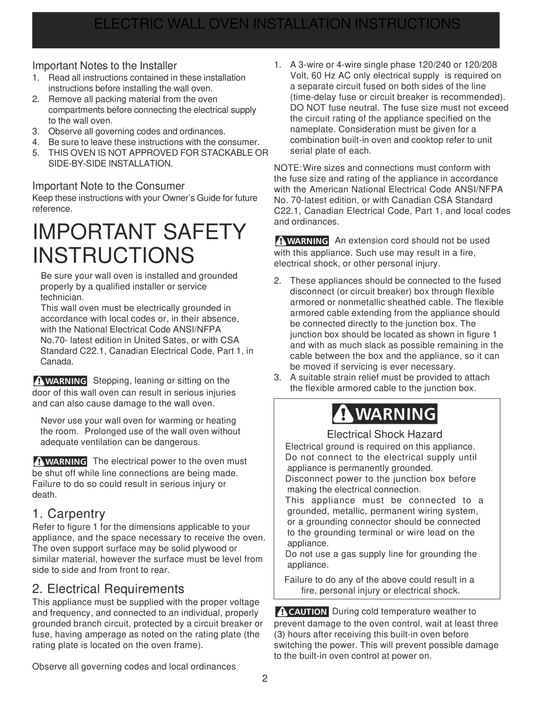 Electrolux 30 Wall Oven Carpentry, Electrical Requirements, Important Notes to the Installer, Electrical Shock Hazard 