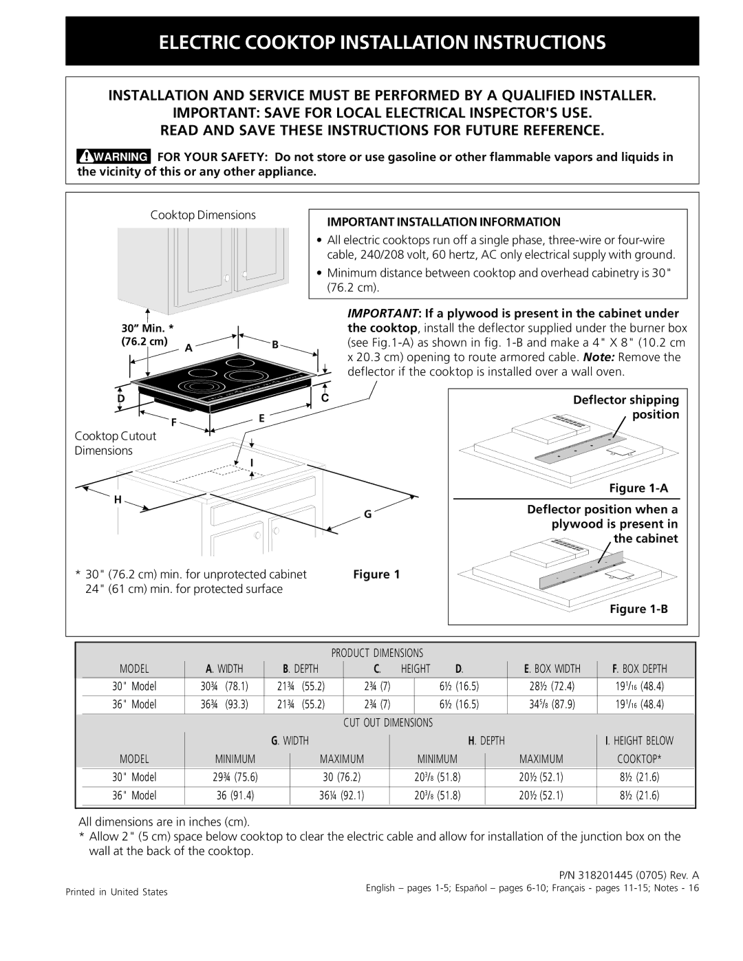 Electrolux 30 installation instructions Important Installation Information 