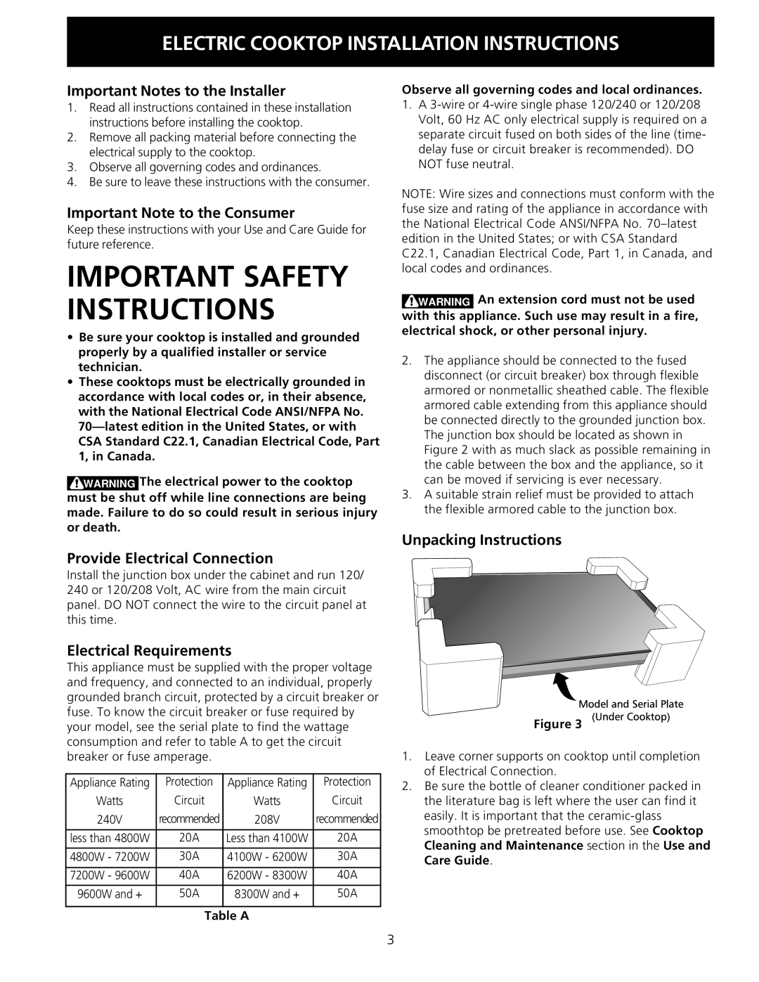 Electrolux 30 Important Notes to the Installer, Important Note to the Consumer, Provide Electrical Connection 