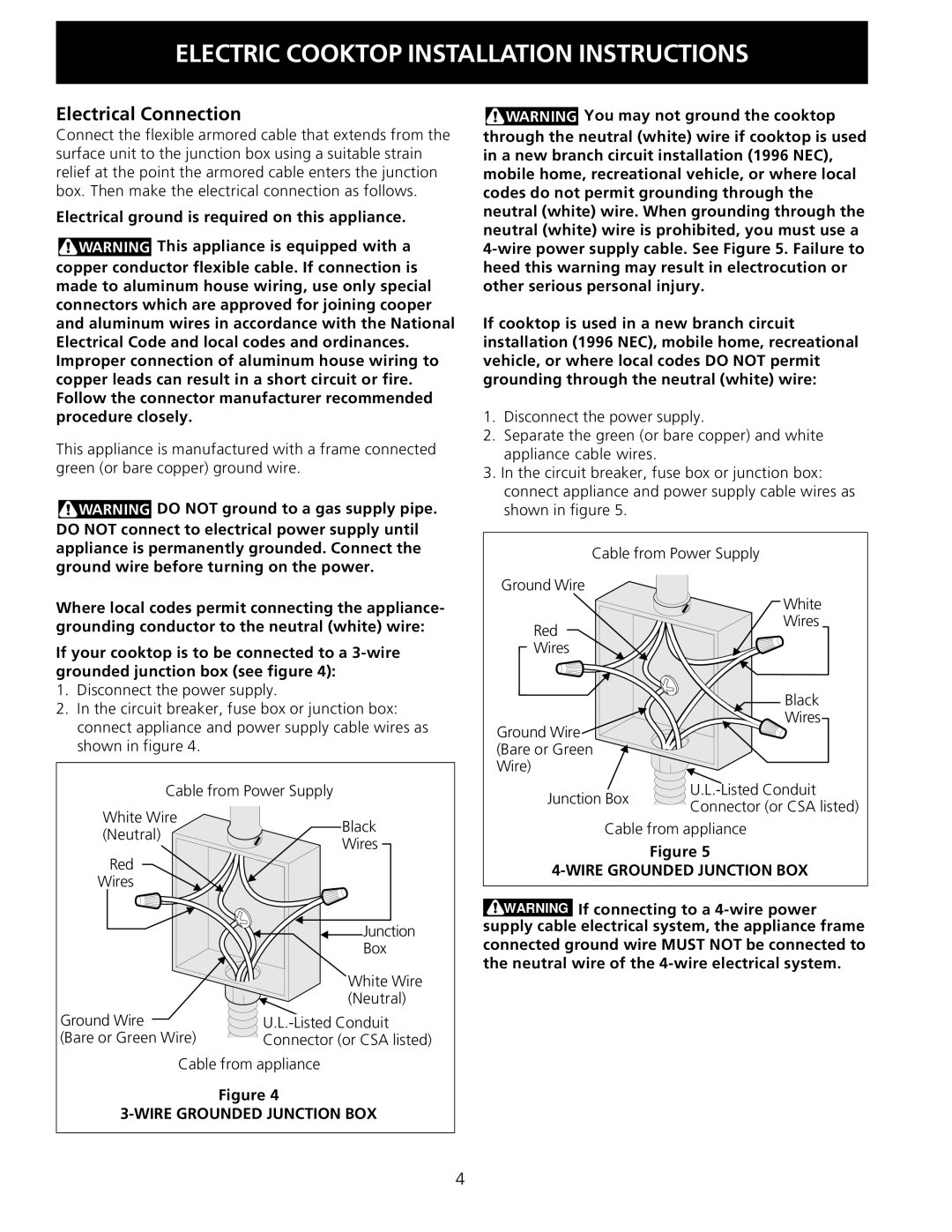 Electrolux 30 installation instructions Electrical Connection, Cable from appliance, Wire Grounded Junction BOX 