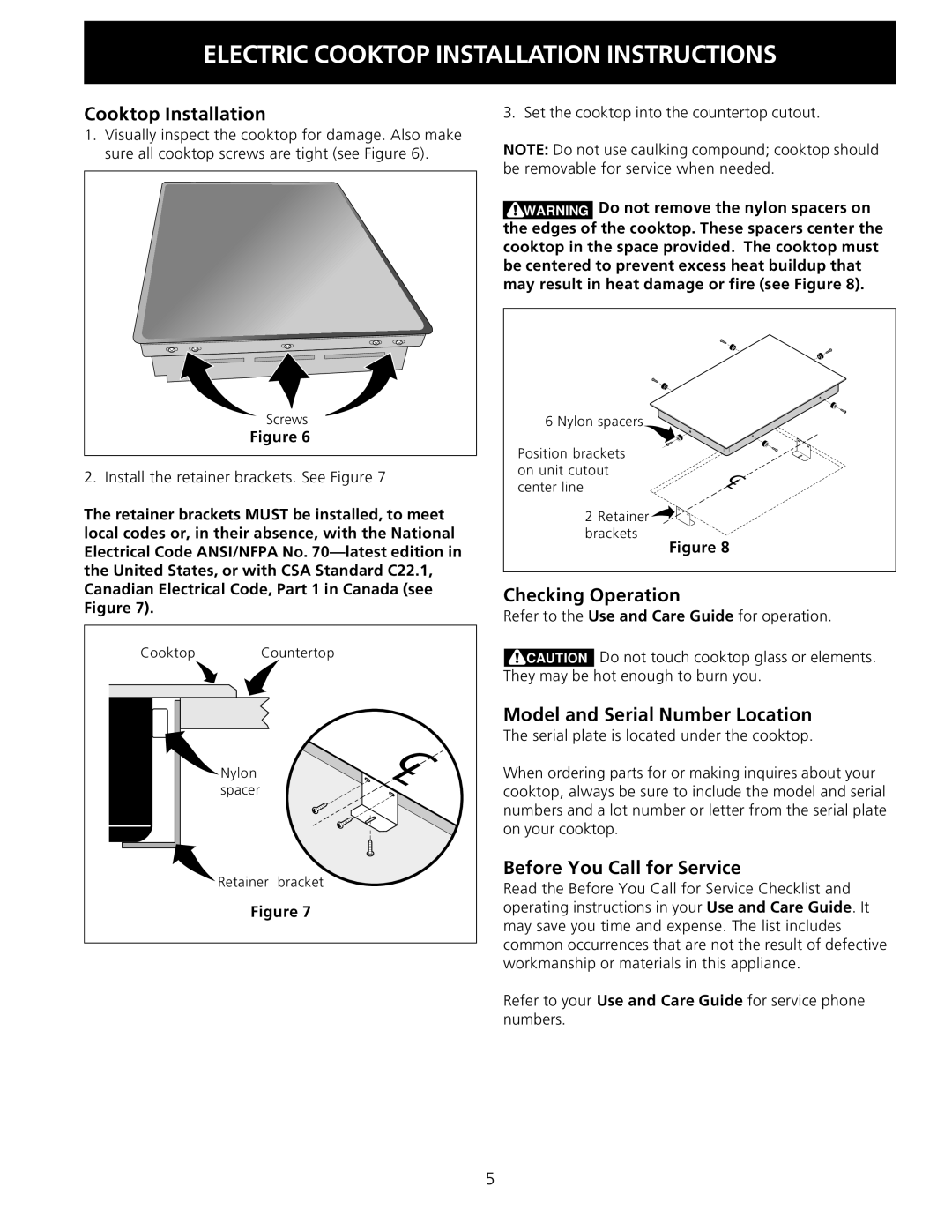 Electrolux 30 Cooktop Installation, Checking Operation, Model and Serial Number Location, Before You Call for Service 