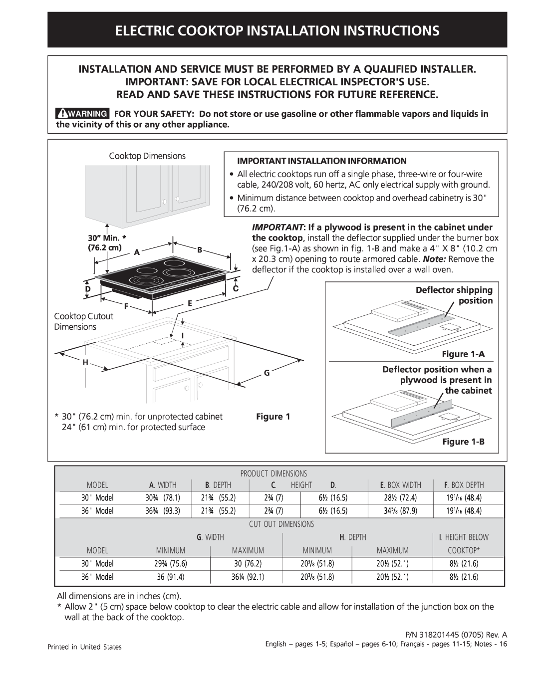 Electrolux 30 installation instructions Electric Cooktop Installation Instructions 