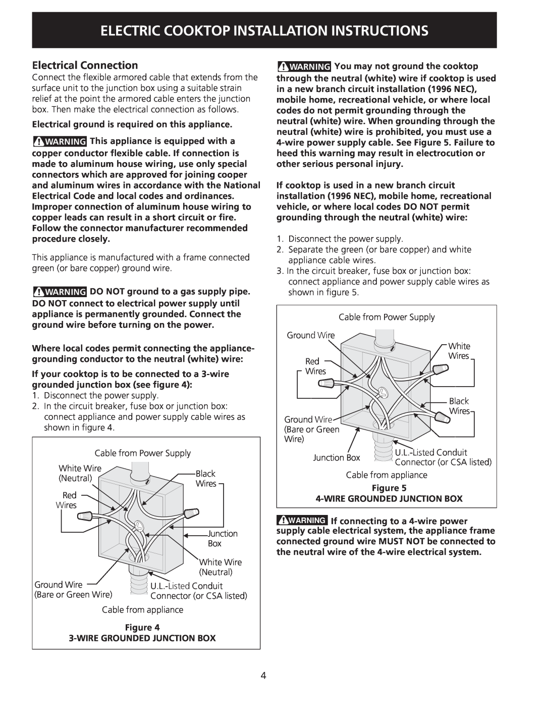 Electrolux 30 installation instructions Electrical Connection, Electric Cooktop Installation Instructions 
