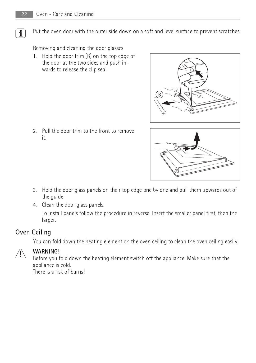 Electrolux 30006VE user manual Oven Ceiling, Removing and cleaning the door glasses 