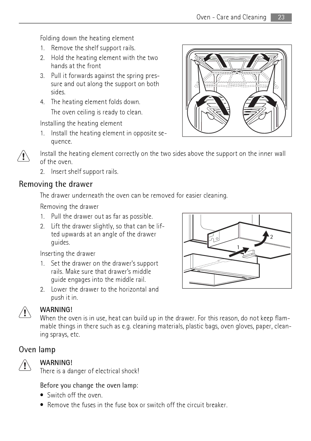 Electrolux 30006VE user manual Removing the drawer, Oven lamp 