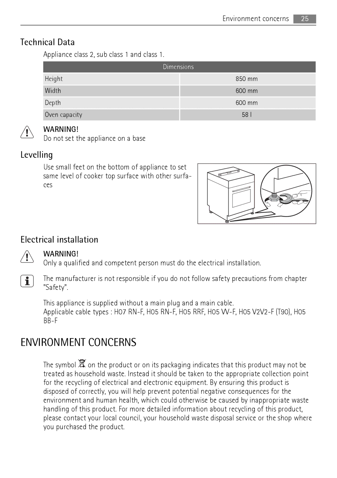 Electrolux 30006VE user manual Environment Concerns, Technical Data, Levelling, Electrical installation 