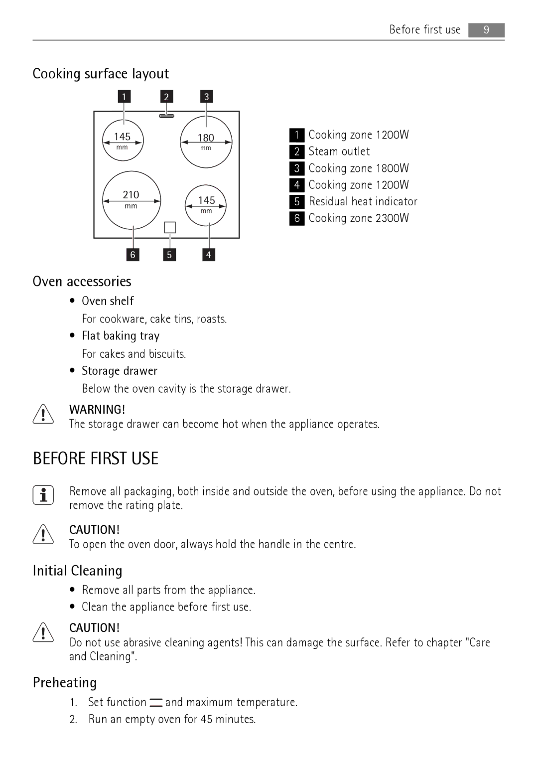 Electrolux 30006VE user manual Before First USE, Cooking surface layout, Oven accessories, Initial Cleaning, Preheating 