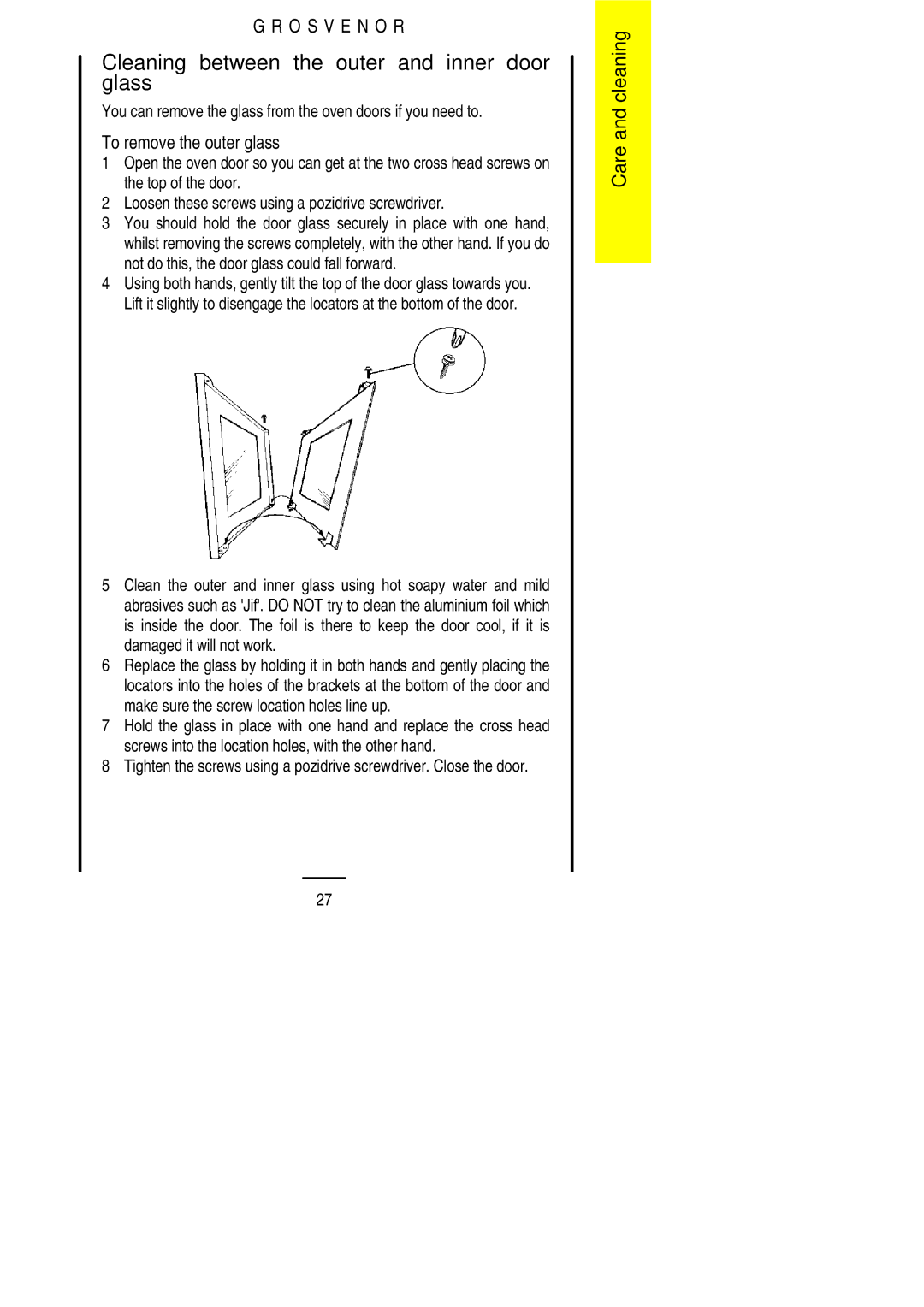 Electrolux 311423202 installation instructions Cleaning between the outer and inner door glass 