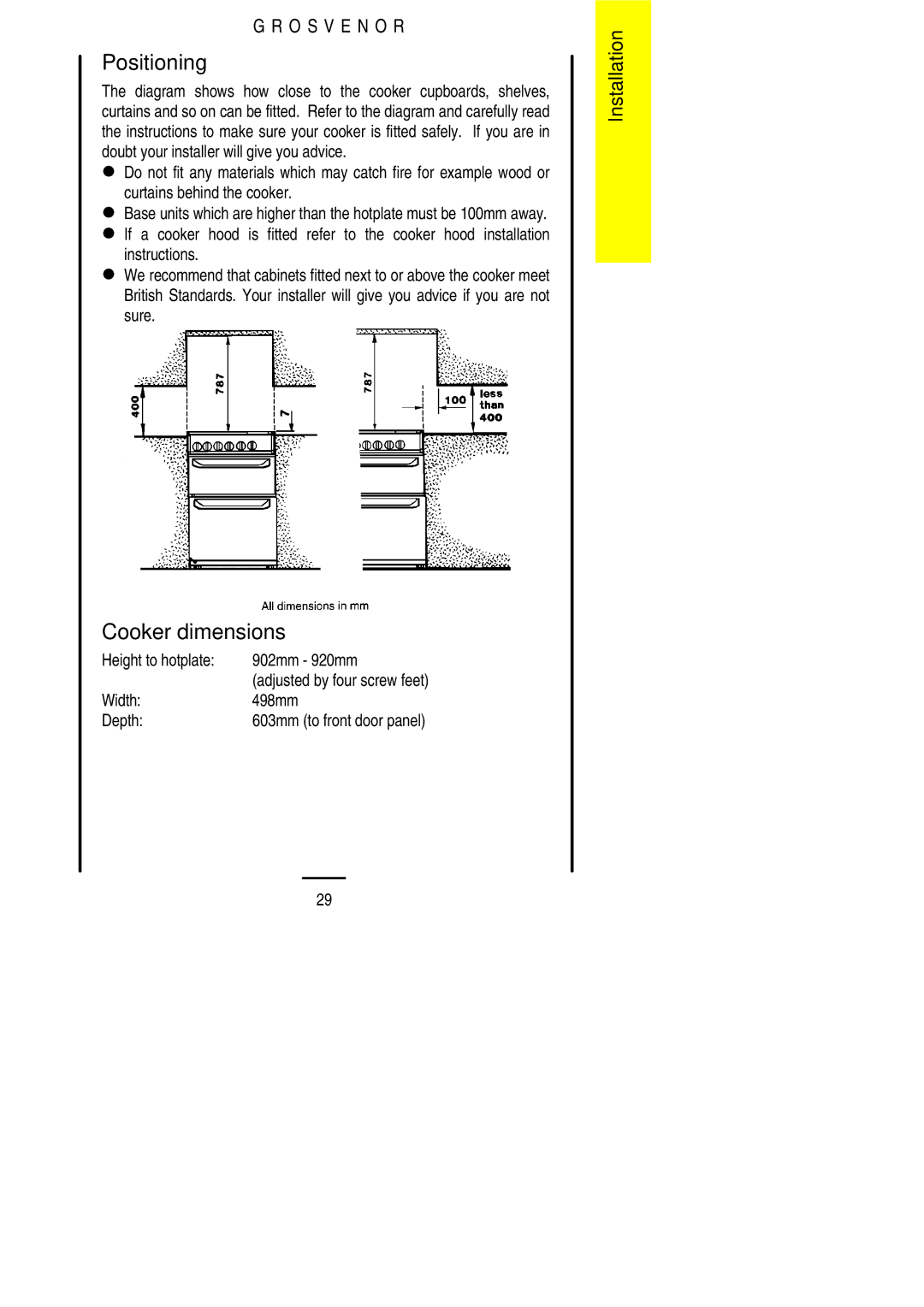 Electrolux 311423202 Positioning, Cooker dimensions, Height to hotplate 902mm 920mm, Width 498mm Depth 