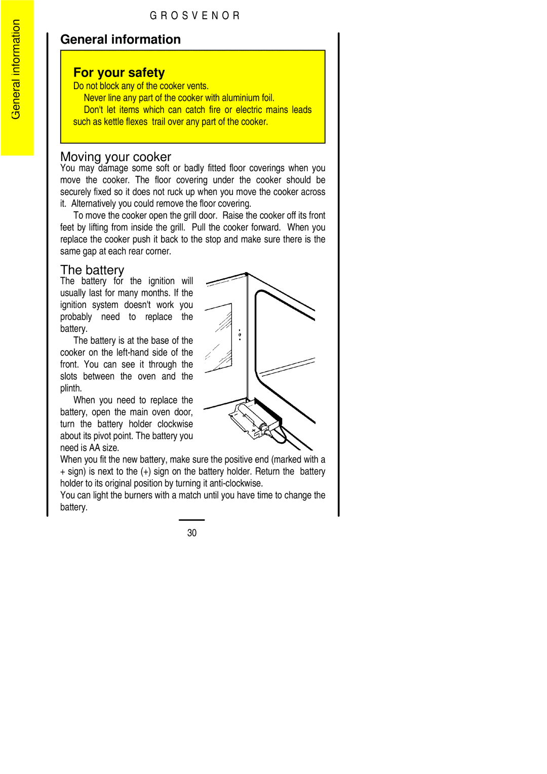 Electrolux 311423202 installation instructions General information For your safety, Moving your cooker, Battery 