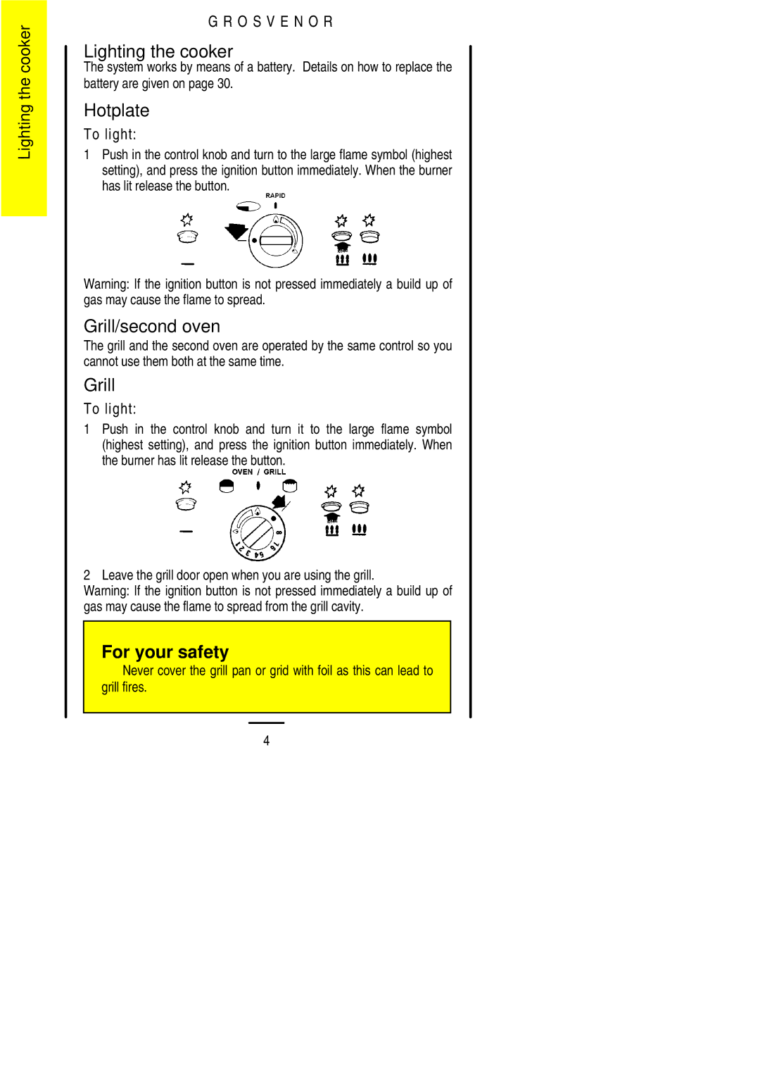 Electrolux 311423202 installation instructions Lighting the cooker, Hotplate, Grill/second oven 