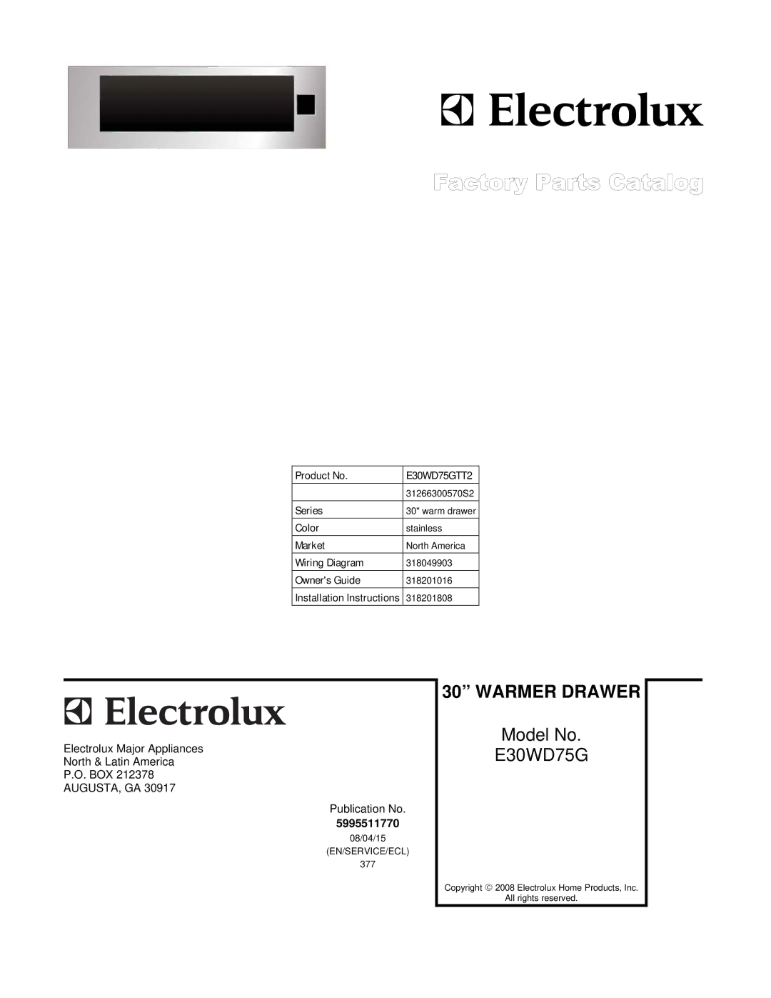 Electrolux E30WD75GTT2, 31266300570S2 installation instructions Warmer Drawer 