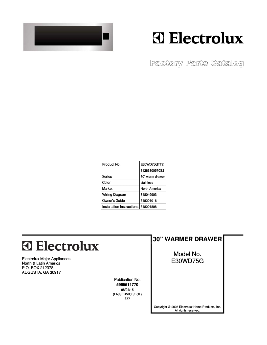 Electrolux E30WD75GTT2, 31266300570S2 installation instructions 30” WARMER DRAWER, Model No E30WD75G 