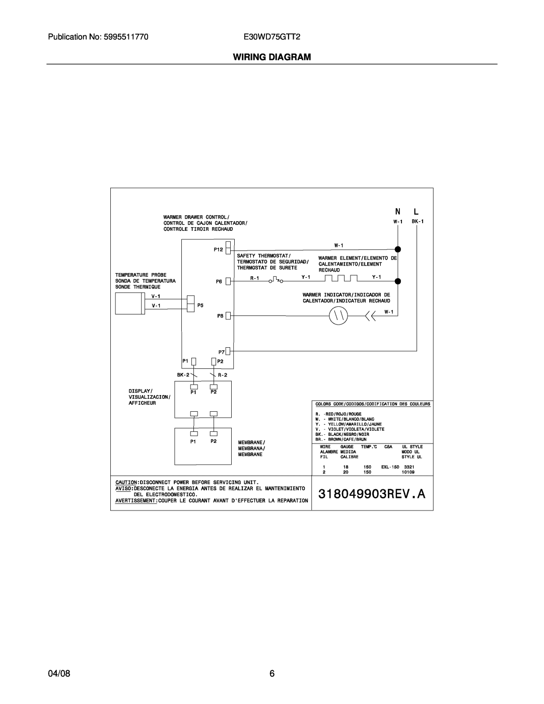 Electrolux 31266300570S2, E30WD75GTT2 installation instructions Wiring Diagram, 04/08 