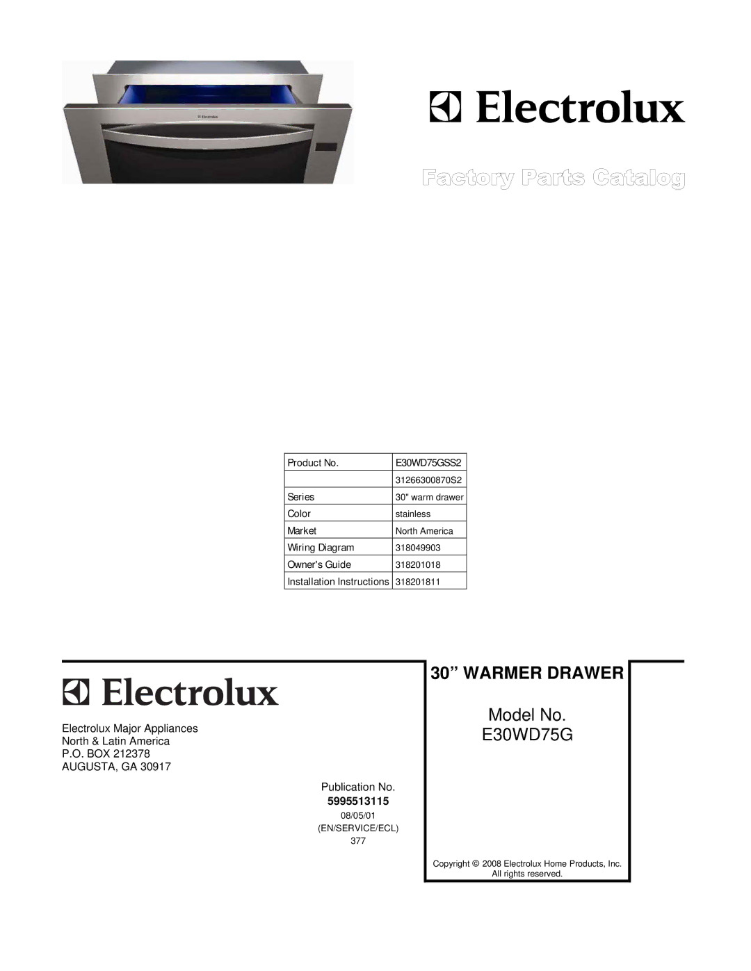 Electrolux E30WD75GSS2, 31266300870S2 installation instructions Warmer Drawer 